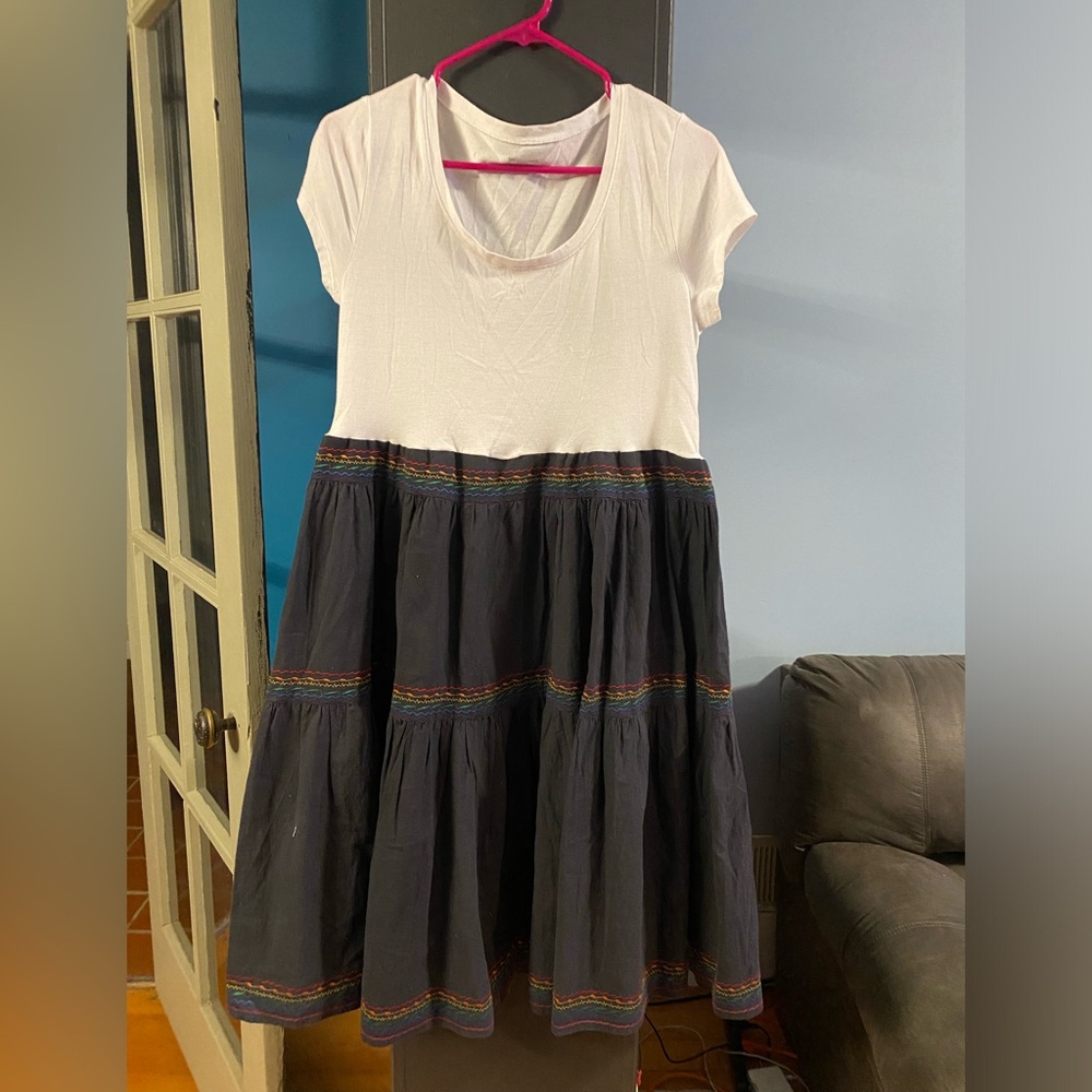 OOAK upcycled Two-Tone Short Sleeve Dress with Embroidered Waistband